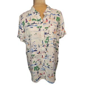 Croft & Barrow Button-Down White Beach Motif Rolled Sleeve Size M